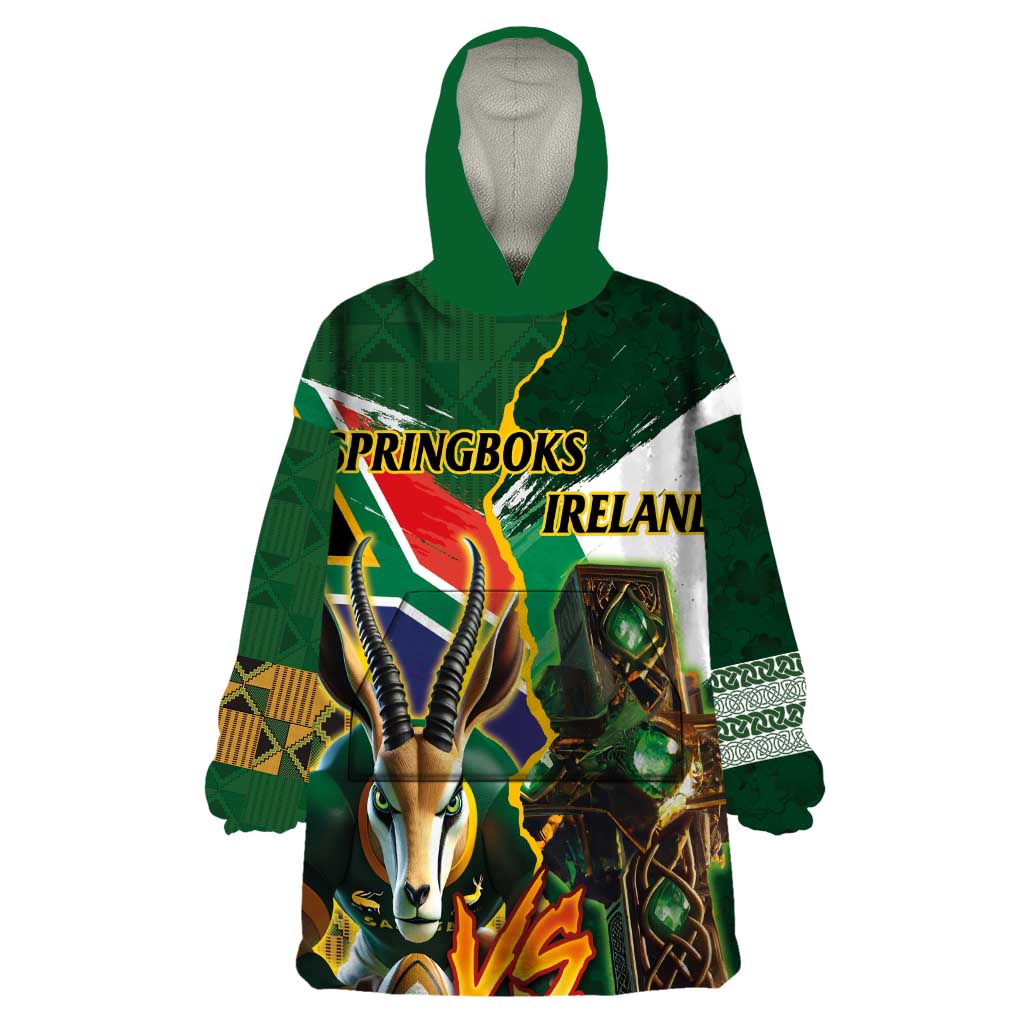 Personalized South Africa Versus Ireland Rugby Wearable Blanket Hoodie The Springbok Mascot and Celtic Cross Together