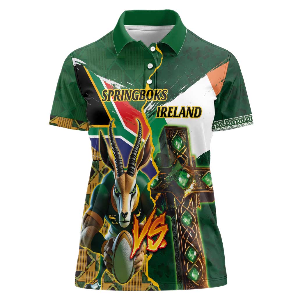 Personalized South Africa Versus Ireland Rugby Women Polo Shirt The Springbok Mascot and Celtic Cross Together