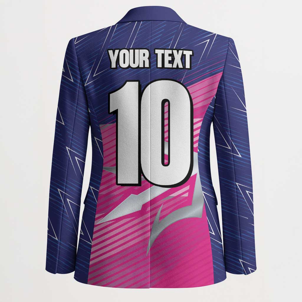 Navy cricket blazer back with large number graphic and “YOUR TEXT” banner