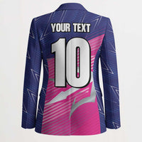 Navy cricket blazer back with large number graphic and “YOUR TEXT” banner