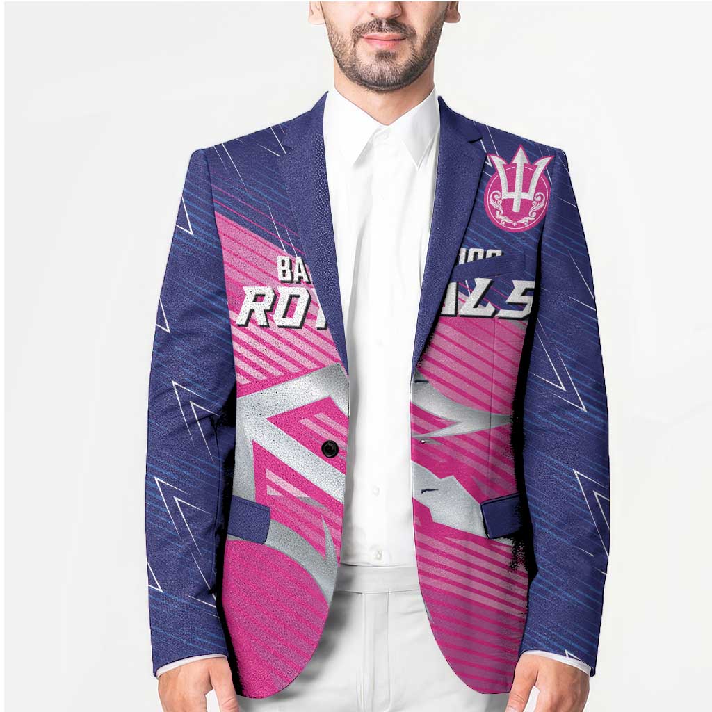 Pink and navy cricket blazer on model with trident crest sleeve patch and button front