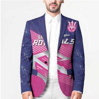 Pink and navy cricket blazer on model with trident crest sleeve patch and button front