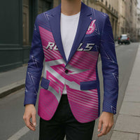 Pink and navy cricket blazer worn outdoors with trident crest badge on chest