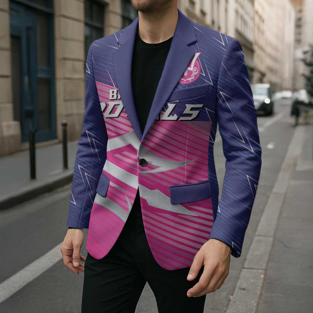 Pink and navy cricket blazer on model, showing trident crest pocket badge and button front