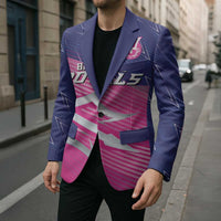 Pink and navy cricket blazer on model, showing trident crest pocket badge and button front