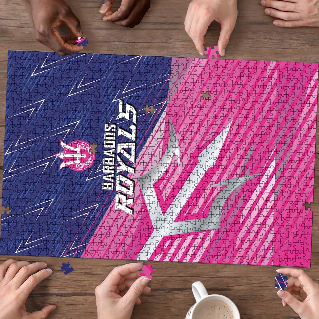 Barbados Royals jigsaw puzzle during assembly, pink and blue trident crest