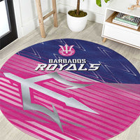 Round sporty cricket carpet with Barbados Royals logo, trident, and pink graphic stripes