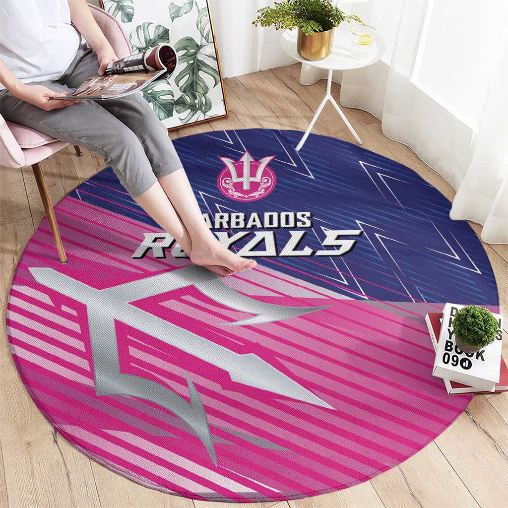 Round cricket carpet featuring Barbados Royals trident emblem, pink and blue sporty design