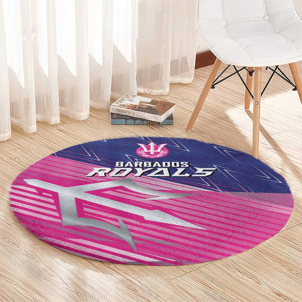 Round sporty cricket rug with Barbados Royals logo, trident icon, and pink striped background