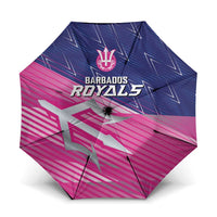 Pink and navy Barbados Royals umbrella with trident logo and geometric stripes