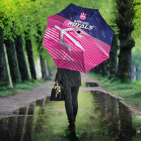 Open pink and navy Barbados Royals umbrella with trident logo in the rain