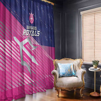 Pink and navy Royals cricket curtain panels with team emblem and geometric pattern