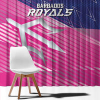 Close-up of pink and navy cricket curtain fabric with Royals text and logo