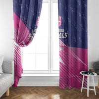Pink and navy window curtains with Royals logo printed on both panels