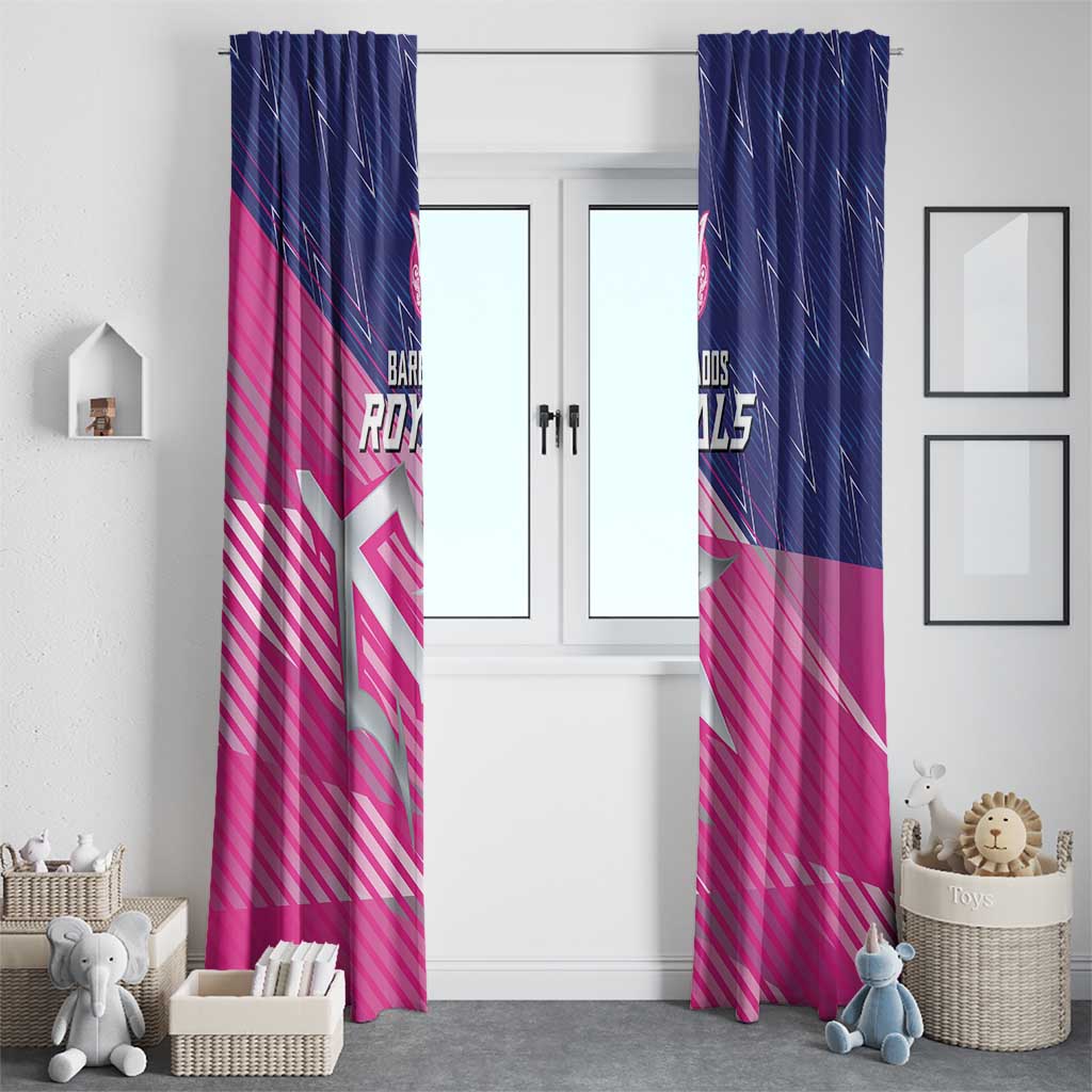 Pair of pink and navy cricket curtains with diagonal stripe pattern and Royals emblem