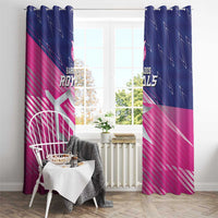 Pink and navy cricket curtain set with Royals branding and trident crest design