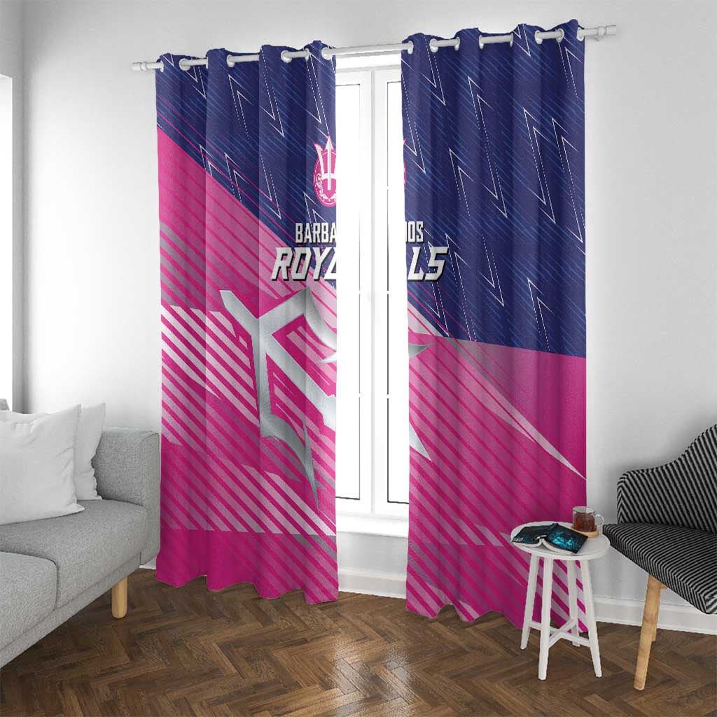 Pink and navy window curtains with Royals logo and diagonal stripe graphics