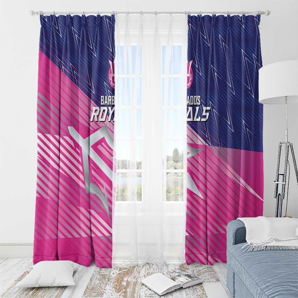 Pink and navy cricket team curtain panels with Royals logo, hung across a window