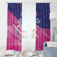 Pink and navy cricket team curtain panels with Royals logo, hung across a window