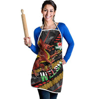 Black apron with white neck straps and waist ties, Welsh dragon and Celtic knot print