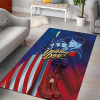 Patriotic Veterans Day area rug with blue, red, and white stripes and soldier graphic