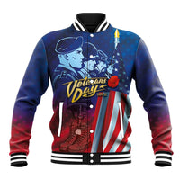 Blue baseball jacket with striped ribbed collar/cuffs, snap buttons, Veterans Day graphic