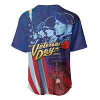 Blue baseball jersey back view with patriotic flag graphic and Veterans Day logo