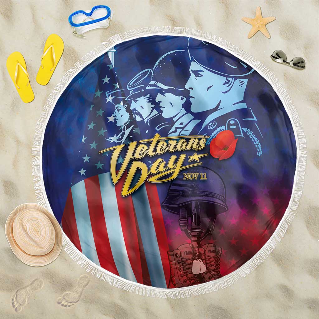 Round blue, red, and white Veterans Day beach blanket with fringe edge and graphic of soldiers