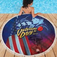 Round beach blanket with white fringe edge featuring Veterans Day Nov 11 soldier artwork