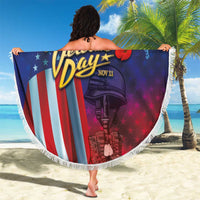 Round beach blanket with white fringe edge, Veterans Day Nov 11 eagle and soldier graphic