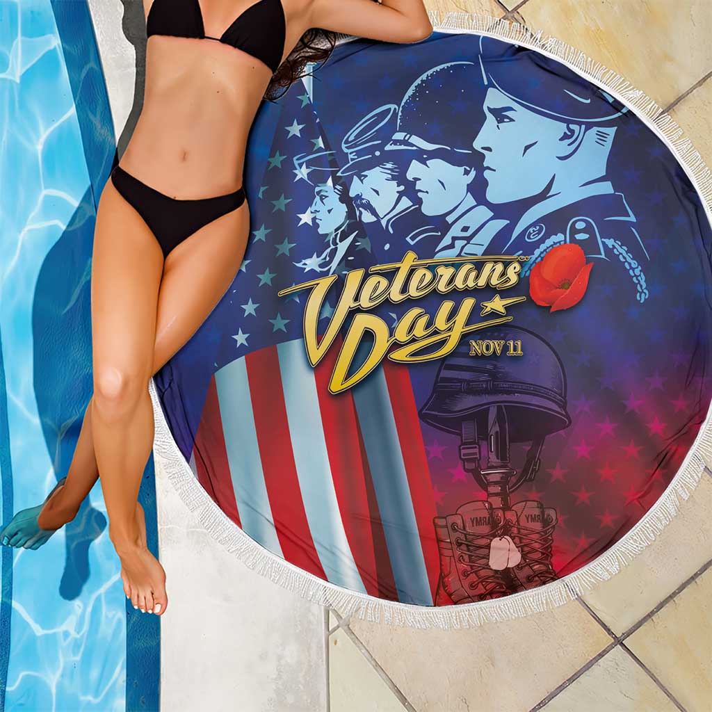 Round beach blanket with white fringe edge showing Veterans Day text and patriotic soldier