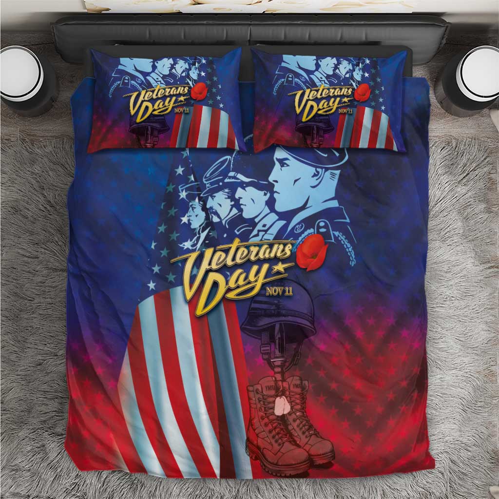 Blue and red duvet cover with soldier illustration and two matching pillowcases
