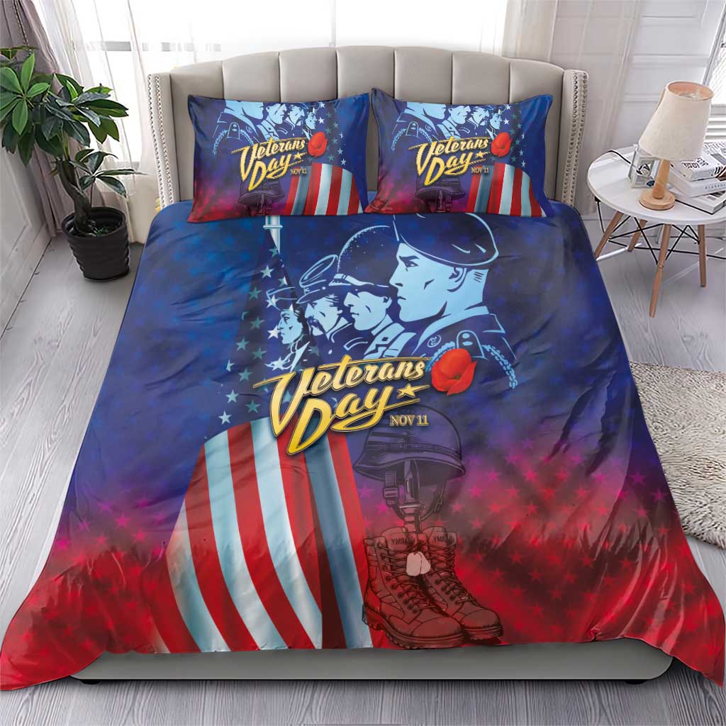 Blue and red duvet cover and two pillowcases with patriotic stars and soldier graphic