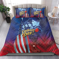 Blue and red duvet cover and two pillowcases with patriotic stars and soldier graphic