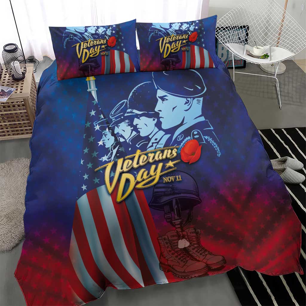 Blue and red Veterans Day-themed duvet cover with patriotic soldier and flag graphics