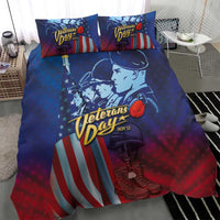 Blue and red Veterans Day-themed duvet cover with patriotic soldier and flag graphics