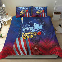 Blue and red duvet cover with soldier portrait, stars, and two matching pillowcases