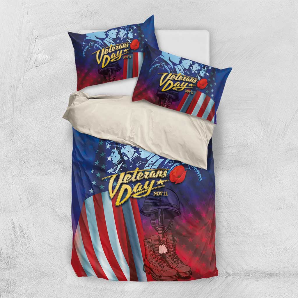 Blue and red bedding set with duvet cover and pillowcases featuring soldier flag design