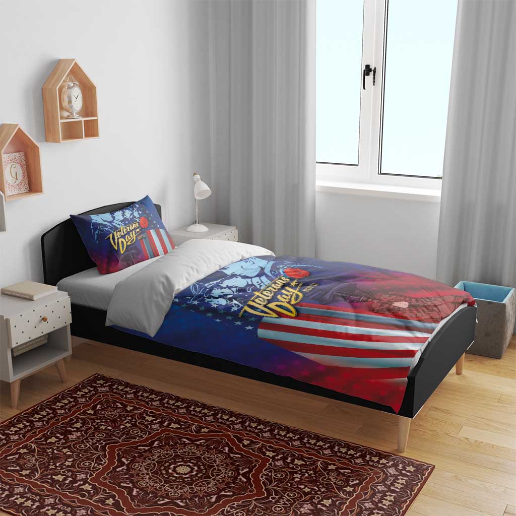 Blue and red duvet cover on bed with two matching pillowcases and soldier stars print