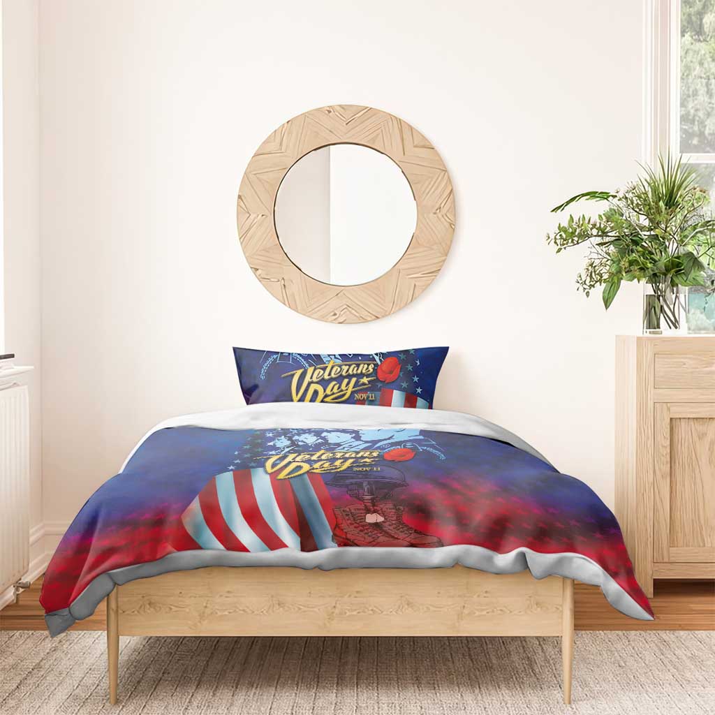 Blue and red duvet cover on wooden bed with matching pillowcase and soldier flag artwork