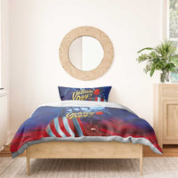 Blue and red duvet cover on wooden bed with matching pillowcase and soldier flag artwork