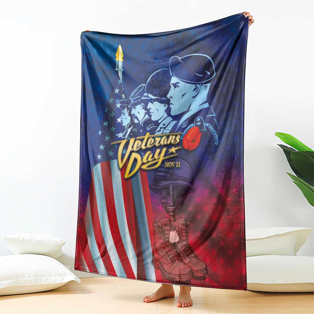 Blue patriotic honor blanket with soldier face and flag stripes, hanging as wall-style throw