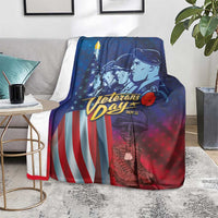 Blue patriotic soldiers honor blanket with stars and flag stripes, draped on couch