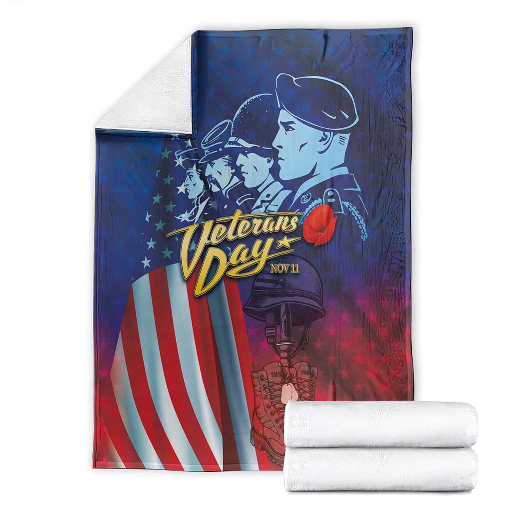 Blue honor blanket with soldier-and-stars design, folded with stacked white towels