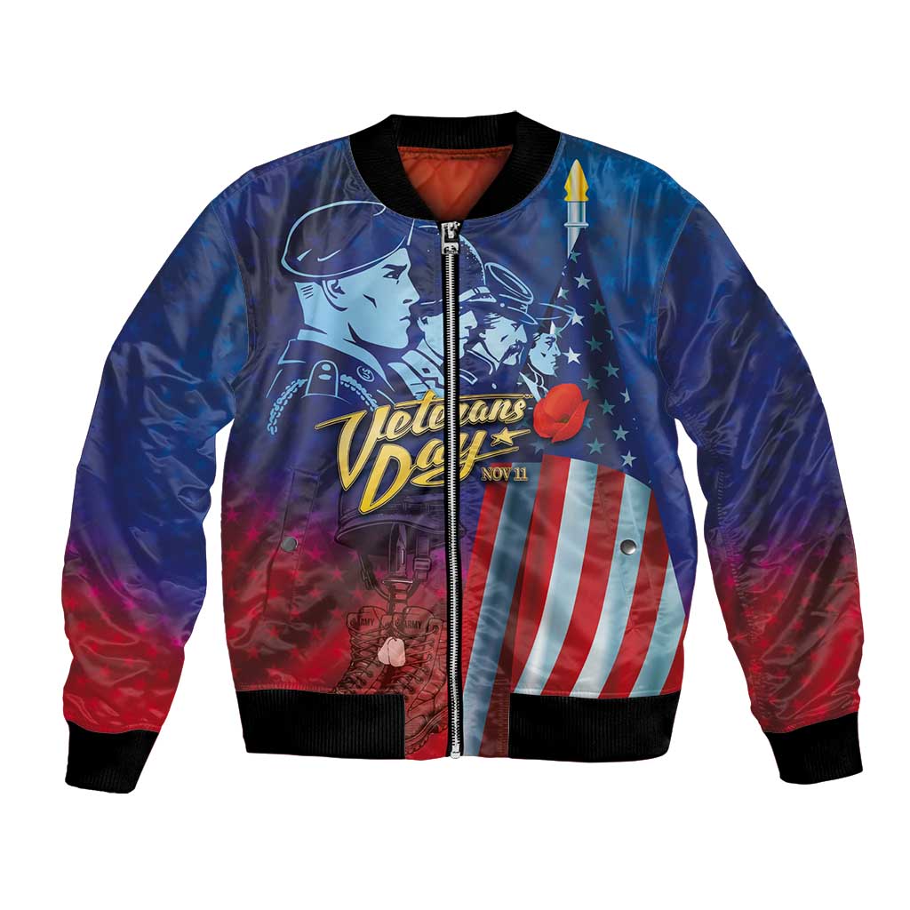 Unisex blue bomber jacket with full-zip and Veterans Day graphic, red white stripes