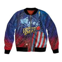 Unisex blue bomber jacket with full-zip and Veterans Day graphic, red white stripes
