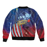 Unisex blue bomber jacket, back graphic of veterans and flag with red stripe accents