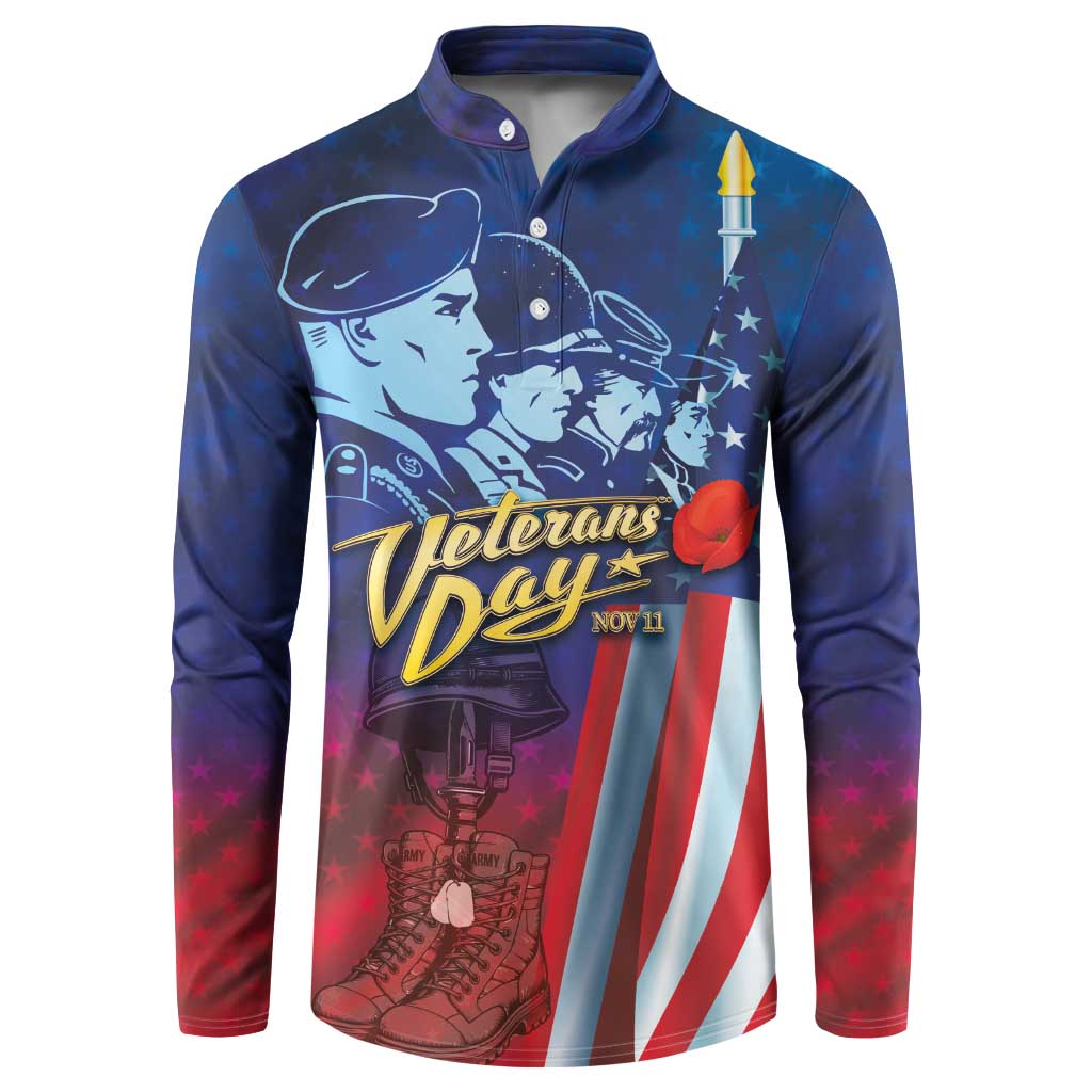 Blue button henley sweatshirt with Veterans Day graphic, stars, rose, and red-white stripes.