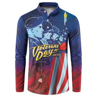 Blue button henley sweatshirt with Veterans Day graphic, stars, rose, and red-white stripes.