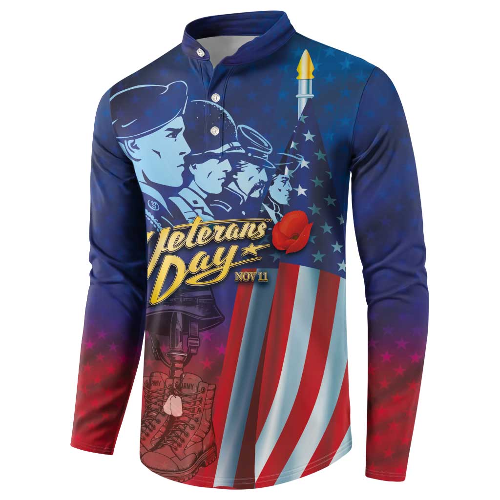 Blue button henley sweatshirt with Veterans Day front graphic, stars, and red-white American stripes.